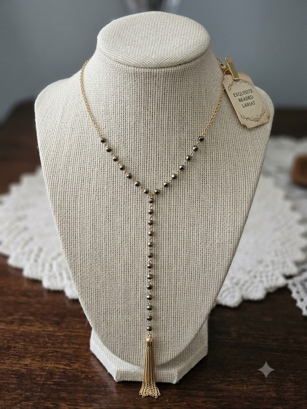 Vintage Avon Y Necklace with Black Stones and Faux Gold Chain